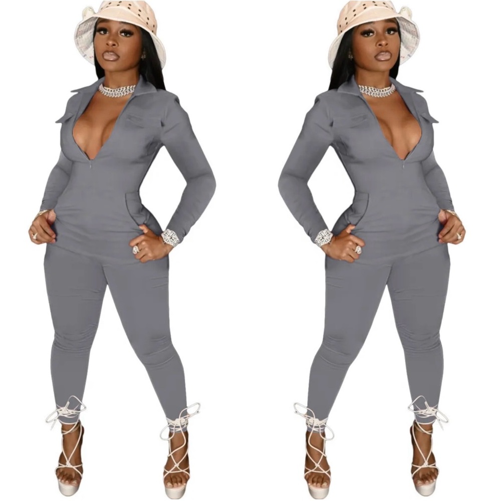 Deep V-Neck Long Sleeve Gray Jumpsuit NWOT